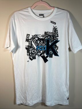French Connection White Short Sleeve Tee with Black and Blue Graphic
